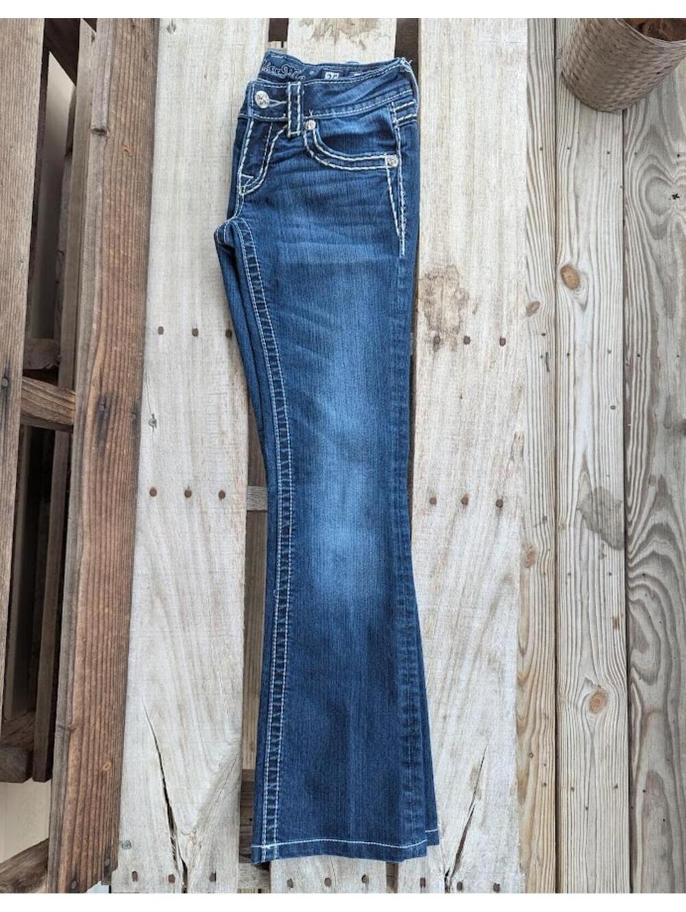 Miss Me Loose Saddle Stitch Bootcut Jeans 25 Low Rise Dark Wash Denim Fits 25x29 - Picture 3 of 9